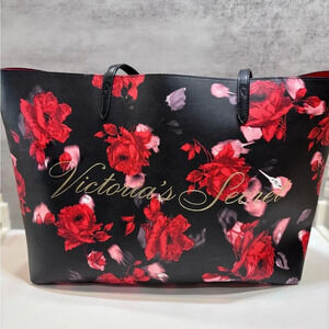Victoria’s Secret Black Red Floral Oversized Overnight Tote Bag Purse